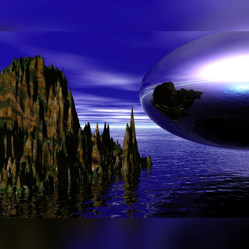 Paisagem digital roxa com montanhas e esfera